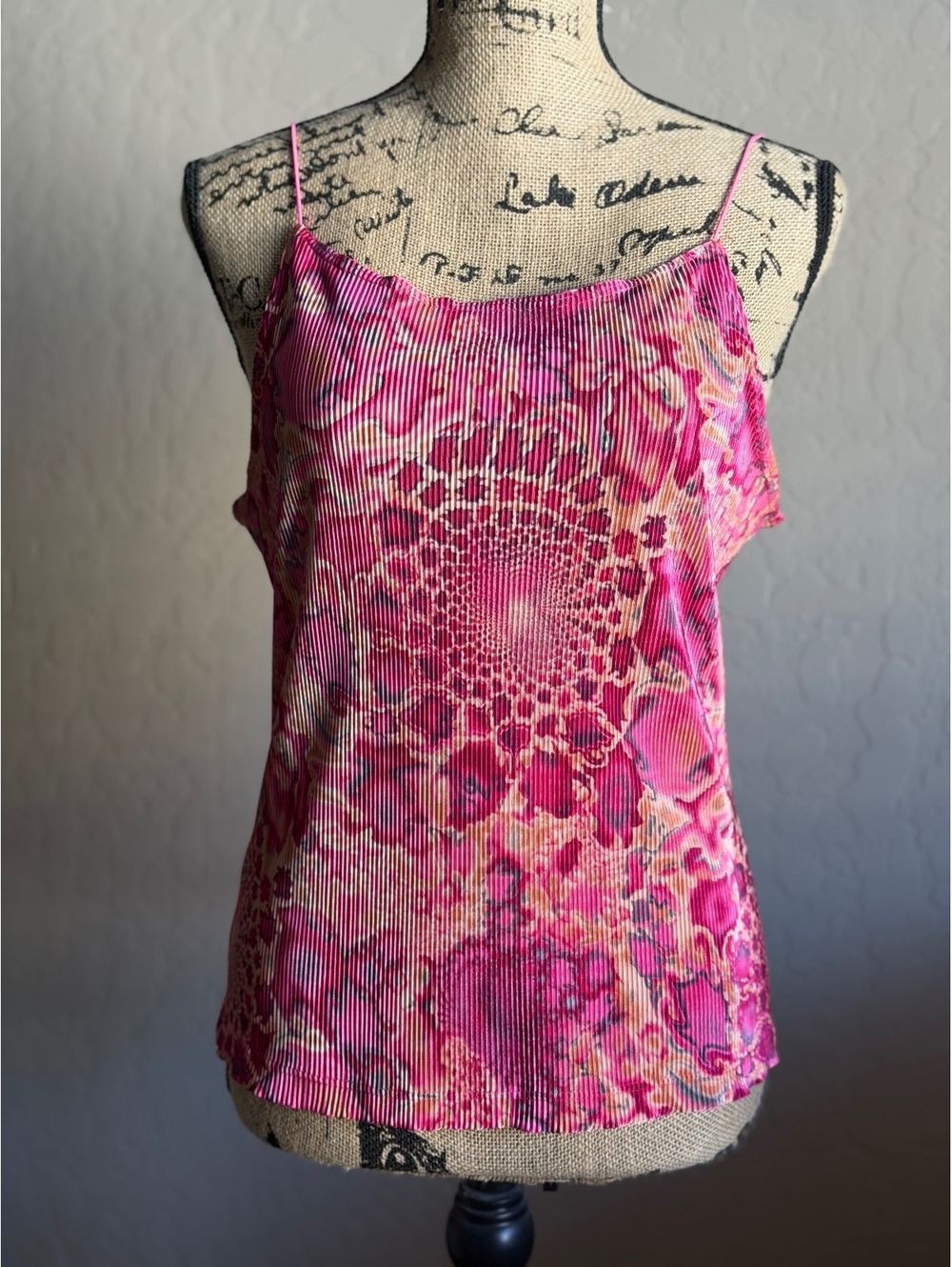 Vintage Eye Candy Y2K Pink Floral Plisse Cami Tank Top XL Spaghetti Strap 2000s